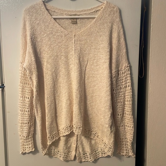 LUCKY BRAND Sweater Crème Crochet Open Knit Pullover Button BacK - Picture 1 of 4